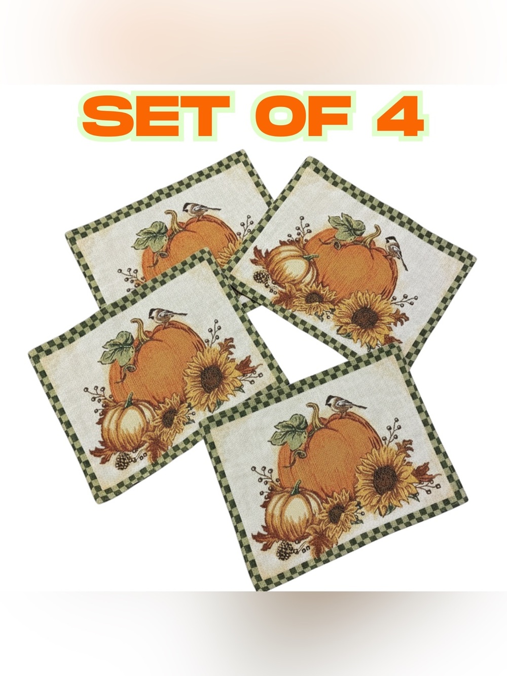 Set of 4‎ Fall Pumpkin Placemats with Sunflowers & Birds - Autumn Harvest Decor